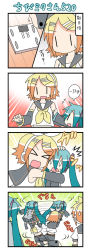 Rule 34 | &gt; &lt;, 0 0, 1boy, 3girls, 4koma, :d, > <, @ @, ^^^, blonde hair, carrying, chibi miku, closed eyes, comic, green hair, hair ornament, hairclip, hatsune miku, headphones, hug, kagamine len, kagamine rin, long hair, minami (colorful palette), multiple girls, navel, open mouth, short hair, silent comic, smile, sweat, sweatdrop, translation request, twintails, vocaloid, weighing scale, xd, | |