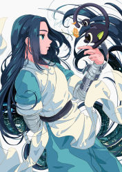 Rule 34 | 2boys, absurdres, aqua eyes, arm behind back, black cat, black hair, cat, flower, hand up, highres, huge filesize, kisumi rei, long hair, low-tied long hair, luo xiaohei, luo xiaohei (cat), luo xiaohei zhanji, multiple boys, orange flower, profile, signature, very long hair, white background, wuxian (the legend of luoxiaohei)