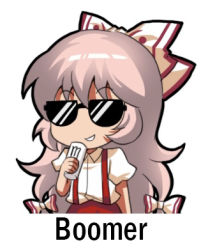 Rule 34 | 1girl, bow, chibi, chinese commentary, commentary request, fujiwara no mokou, grin, hair bow, hand up, holding, jokanhiyou, long hair, lowres, meme, pants, pink hair, puffy short sleeves, puffy sleeves, red pants, shirt, short sleeves, simple background, smile, solo, sunglasses, suspenders, touhou, upper body, very long hair, white background, white bow, white shirt