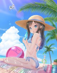 Rule 34 | 10s, 2girls, aircraft, airplane, asashio (kancolle), ass, ball, barefoot, beach, beachball, bikini, biplane, black hair, blue eyes, blue sky, blush, breasts, cloud, cloudy sky, commentary request, day, diffraction spikes, drum, drum (container), english text, feet, from behind, gotou hisashi, highres, innertube, instrument, kantai collection, kasumi (kancolle), lens flare, long hair, looking at viewer, mitsubishi f1m, multiple girls, outdoors, palm tree, parted lips, ramune, seaplane, side-tie bikini bottom, side ponytail, silver hair, sitting, sky, small breasts, solo focus, standing, striped bikini, striped clothes, swim ring, swimsuit, tree, wariza, white bikini