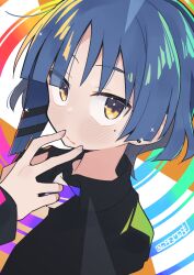 Rule 34 | 1girl, black shirt, blue hair, blush, bocchi the rock!, closed mouth, collared shirt, dot nose, ear piercing, eyes visible through hair, hand up, long sleeves, looking at viewer, mizumi (artist), mole, mole under eye, multicolored background, necktie, piercing, rainbow background, rainbow gradient, school uniform, shirt, short hair, solo, sparkle, twitter username, v over mouth, yamada ryo, yellow eyes