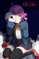 Rule 34 | 1girl, ahoge, black skirt, black thighhighs, blue jacket, blunt bangs, blunt ends, blush, bow, bowtie, checkered clothes, checkered skirt, commentary request, dark background, fog, friday the 13th, gengoroh, hockey mask, holding, holding mask, jacket, long sleeves, looking at viewer, love live!, love live! nijigasaki high school idol club, mask, medium hair, miniskirt, pink hair, red footwear, shirt, sidelocks, sitting, skirt, sleeves past fingers, sleeves past wrists, smile, solo, tennoji rina, thighhighs, thighs, wariza, white shirt, yellow bow, yellow bowtie, yellow eyes, zettai ryouiki