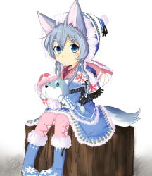 Rule 34 | 1girl, animal, animal ears, bad id, bad pixiv id, blue eyes, blue hair, boots, braid, dog, dog ears, dog tail, fur trim, hat, k-y, koyomi (shironeko project), long hair, matching hair/eyes, mittens, multiple braids, quad braids, shironeko project, sitting, snowflake print, solo, tail, tarou (shironeko project), tree stump, winter clothes, wolf, wolf ears, wolf tail