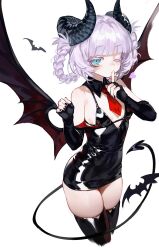 Rule 34 | 1girl, absurdres, bare shoulders, bat (animal), black dress, black gloves, black horns, black nails, black tail, black thighhighs, black wings, blue eyes, blush, braided hair rings, breasts, colored eyelashes, commentary, cropped legs, curled horns, demon horns, demon tail, demon wings, detached collar, diamond-shaped pupils, diamond (shape), dress, elbow gloves, english commentary, finger to mouth, fingerless gloves, fingernails, foolish potato, gloves, hands up, heart, highres, horns, index finger raised, looking at viewer, nanakusa nazuna (yofukashi no uta), necktie, one eye closed, parted lips, purple hair, red necktie, ringed eyes, shiny clothes, short dress, short hair, short necktie, sidelocks, small breasts, solo, symbol-shaped pupils, tail, thighhighs, white background, wings, yofukashi no uta