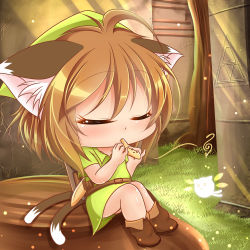Rule 34 | 1girl, ahoge, animal ears, belt, blush, boots, brown footwear, brown hair, cat ears, cat tail, chen, chibi, closed eyes, crack, cracked wall, day, fairy, grass, green hat, hat, instrument, kurumai, light particles, light rays, music, musical note, nintendo, ocarina, outdoors, playing instrument, sheath, sheathed, shield, shiny skin, short hair, sitting, solo, sunlight, tail, temple, the legend of zelda, the legend of zelda: ocarina of time, touhou, tree, tree stump, triforce, tunic
