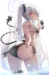 Rule 34 | 1girl, ass, bare arms, bare legs, bare shoulders, bikini, black bikini, black tail, blue archive, blush, breasts, commentary request, cowboy shot, dark-skinned female, dark skin, demon tail, grey hair, hair between eyes, halo, highres, holding, holding removed eyewear, iori (blue archive), iori (swimsuit) (blue archive), long hair, natuna natu, official alternate costume, parted lips, purple halo, red eyes, side-tie bikini bottom, small breasts, solo, sunglasses, swimsuit, tail, twintails, twitter username, unworn eyewear, water