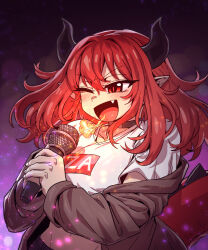 Rule 34 | 1girl, absurdres, breath weapon, breathing fire, dragon girl, dragon horns, dragon tail, fire, gggoturi, highres, holding, holding microphone, horns, jacket, microphone, midriff, one eye closed, open clothes, open jacket, original, red eyes, red hair, shirt, solo, tail, white shirt
