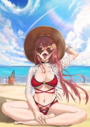 Rule 34 | + +, 1girl, alternate costume, arm up, bare legs, barefoot, beach, bikini, black choker, blue sky, breasts, chainsaw man, choker, cleavage, cloud, cloudy sky, collarbone, commentary, contrail, cross-shaped pupils, crossed legs, demon horns, english commentary, fangs, floating hair, full body, hair between eyes, hand on headwear, hat, highres, horns, k.pumpkin, large breasts, long hair, looking at viewer, mesh, navel piercing, o-ring, o-ring bikini, ocean, open mouth, piercing, pink hair, pochita (chainsaw man), power (chainsaw man), rainbow, red bikini, red eyes, shadow, sharp teeth, sky, smile, straight hair, straw hat, sunglasses, sunlight, swimsuit, symbol-only commentary, symbol-shaped pupils, teeth, tinted eyewear, tongue, tongue out, trembling, wristband, yellow-framed eyewear