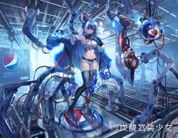 Rule 34 | 1girl, armpits, bare shoulders, belt, black thighhighs, blue hair, blue jacket, bottle, breasts, commentary request, crop top, drinking, drinking straw, full body, hair between eyes, heirou, indoors, jacket, large breasts, long hair, long sleeves, machinery, mechanical legs, micro shorts, midriff, multicolored hair, navel, off shoulder, open clothes, open fly, open jacket, original, outstretched arm, pepsi, red eyes, revealing clothes, shirt, short shorts, shorts, shoulder tattoo, sideboob, sidelocks, single thighhigh, sleeveless, sleeveless shirt, solo, standing, stomach, streaked hair, tattoo, taut clothes, taut shirt, thighhighs, thighs, white shirt, white shorts