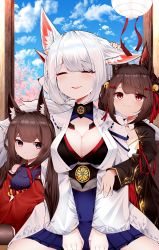 Rule 34 | 3girls, absurdres, aged down, akagi-chan (azur lane), amagi-chan (azur lane), animal ear fluff, animal ears, azur lane, bell, blue skirt, blue sky, breasts, brown hair, cherry blossoms, cleavage, closed eyes, cloud, commentary, crying, dated commentary, fox ears, fox girl, hair bell, hair ornament, hairclip, hand on another&#039;s head, happy tears, highres, huge filesize, japanese clothes, kaga (azur lane), kimono, lantern, large breasts, long hair, long sleeves, multiple girls, paper lantern, pleated skirt, samip, short hair, sidelocks, sitting, skirt, sky, smile, symbol-only commentary, tears, white kimono