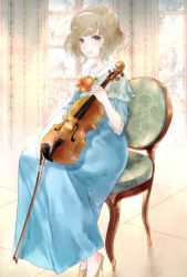 Rule 34 | 1girl, alice margatroid, blonde hair, blue dress, bow (music), chair, dress, floral print, flower ornament, gin fragrans, green eyes, hairband, high heels, holding, holding instrument, instrument, shawl, short hair, sitting, touhou, violin, window