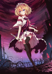 Rule 34 | 1girl, adapted costume, alice margatroid, belt, black thighhighs, blonde hair, blue dress, blue eyes, capelet, cross, dress, fence, frown, grass, hairband, highres, holding, holding knife, knife, layered dress, looking at viewer, mansion, night, night sky, perspective, ribbon, short hair, short sleeves, sky, solo, thighhighs, touhou, walking, white dress, ziran juan