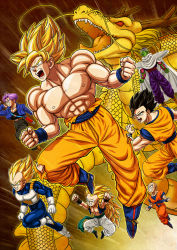 Rule 34 | 6+boys, abs, armor, bald, bare pectorals, bare shoulders, black eyes, black hair, blonde hair, boots, cape, clenched hand, clenched hands, dougi, dragon, dragon ball, dragonball z, epic, flying, gloves, glowing, gotenks, gradient background, green eyes, green hair, highres, jacket, jumping, kuririn, long hair, male focus, multiple boys, muscular, open mouth, pectorals, piccolo, pointy ears, purple hair, sheath, shenron, short hair, shoulder pads, son gohan, son goku, speed lines, spiked hair, super saiyan, super saiyan 1, super saiyan 3, sword, topless male, torn clothes, trunks (dragon ball), trunks (future) (dragon ball), turban, ultimate gohan, umelim, vegeta, very long hair, vest, weapon, white footwear, white gloves, widow&#039;s peak, wristband