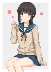 Rule 34 | 1girl, arm support, beamed eighth notes, blue ribbon, blue skirt, blush, brown cardigan, brown hair, cardigan, closed mouth, collarbone, commentary request, fingernails, fubuki (kancolle), green eyes, green sailor collar, grey background, hair between eyes, hand up, kantai collection, long hair, long sleeves, musical note, nakamura sumikage, neck ribbon, pleated skirt, ribbon, sailor collar, school uniform, serafuku, sidelocks, sitting, skirt, sleeves past wrists, smile, solo, two-tone background, white background