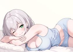 Rule 34 | 1girl, absurdres, bare arms, bare shoulders, bed sheet, blue shorts, blue tank top, breasts, cleavage, closed mouth, commentary request, dot nose, fingernails, green eyes, grey hair, hair between eyes, highres, hirayu721, hololive, large breasts, light blush, looking at viewer, lying, midriff peek, mole, mole on breast, navel, on side, one eye closed, pillow, shirogane noel, short hair, short shorts, shorts, simple background, smile, solo, split mouth, tank top, virtual youtuber, white background