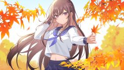 Rule 34 | 1girl, autumn, autumn leaves, banned artist, blue sailor collar, blue skirt, blush, brown hair, closed mouth, commentary request, day, hand in own hair, highres, holding, holding leaf, icomochi, leaf, long hair, long sleeves, looking at viewer, midriff peek, navel, original, outdoors, pleated skirt, purple eyes, sailor collar, school uniform, serafuku, shirt, sidelocks, skirt, smile, solo, very long hair, white shirt