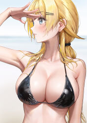 Rule 34 | 1girl, ame (uten cancel), armpits, bikini, black bikini, blue eyes, blurry, blurry background, blush, breasts, cleavage, closed mouth, collarbone, comiket 102, hachimiya meguru, hair ornament, hairpin, halterneck, hand on own forehead, highres, idolmaster, idolmaster shiny colors, large breasts, long hair, looking to the side, outdoors, piercing hole, sideboob, solo, string bikini, swimsuit, twintails, upper body, very long hair