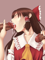 Rule 34 | 1girl, 2boys, bad id, bad pixiv id, bow, brown hair, closed eyes, cum, cum in mouth, cum on tongue, detached sleeves, disembodied penis, double handjob, ejaculation, fellatio, group sex, hair bow, hakurei reimu, handjob, interracial, long hair, masa0430, mmf threesome, multiple boys, multiple penises, oral, penis, simple background, solo focus, threesome, tongue, touhou, uncensored
