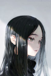 Rule 34 | 1girl, black hair, black sweater, brown eyes, gemini (constellation), highres, long hair, looking away, mole, mole under mouth, nanase miri, original, parted bangs, parted lips, portrait, signature, simple background, solo, sweater, turtleneck, turtleneck sweater