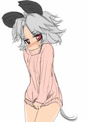 Rule 34 | 1girl, animal ears, blush, bottomless, female focus, grey hair, ishikkoro, mouse ears, mouse tail, naked sweater, nazrin, no pants, red eyes, shirt tug, short hair, sketch, solo, sweater, tail, touhou