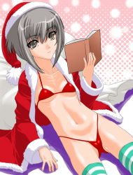 Rule 34 | 00s, 1girl, arm support, bikini, book, christmas, collarbone, cropped legs, fur, grey eyes, grey hair, hat, holding, holding book, long sleeves, looking at viewer, nagato yuki, navel, open book, open clothes, reclining, red bikini, red hat, santa costume, santa hat, shadow, shinama, short hair, skindentation, solo, striped clothes, striped thighhighs, suzumiya haruhi no yuuutsu, swimsuit, thighhighs