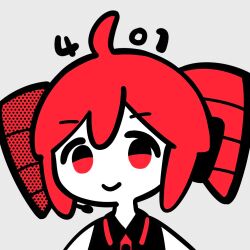 Rule 34 | 1girl, ahoge, ben-day dots, closed mouth, collared shirt, commentary request, drill hair, flat color, headset, inemuri (jdq5e), kasane teto, looking at viewer, no sclera, portrait, red eyes, red hair, screentones, shirt, sleeveless, sleeveless shirt, smile, solo, thick outlines, twin drills, utau