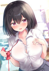 Rule 34 | 1girl, bad id, bad pixiv id, black hair, black skirt, blurry, blurry background, blush, bow, breasts, cleavage, collarbone, collared shirt, commentary request, depth of field, dress shirt, hair between eyes, hands up, highres, holding, large breasts, looking at viewer, masayo (gin no ame), medium breasts, open mouth, original, pleated skirt, red bow, red eyes, shirt, short sleeves, skirt, solo, upper body, white shirt
