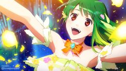 Rule 34 | 1girl, :d, armpits, bow choker, choker, detached sleeves, flower, green hair, hair flower, hair ornament, highres, looking up, macross, macross frontier, macross frontier: toki no meikyu, mosako, multicolored hair, open mouth, orange choker, outstretched arms, ranka lee, red eyes, smile, solo, twitter username, two-tone hair, yellow flower