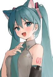 Rule 34 | 1girl, absurdres, animal ear fluff, animal ears, aqua eyes, aqua hair, aqua nails, aqua necktie, black sleeves, blush, breasts, cat ears, character name, detached sleeves, diamond-shaped pupils, diamond (shape), fang, grey shirt, hair between eyes, hand on own chest, hatsune miku, highres, long hair, looking at viewer, nail polish, necktie, number tattoo, open mouth, shirt, sleeveless, sleeveless shirt, small breasts, solo, symbol-shaped pupils, tananuki, tattoo, twintails, twitter username, vocaloid