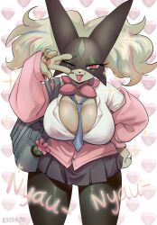 Rule 34 | 1girl, animal nose, artist name, bag, black pantyhose, blue necktie, breasts, cardigan, cleavage, creatures (company), fingernails, furry, furry female, game freak, green fur, green hair, grey skirt, gyaru, hand on own hip, heart, highres, large breasts, leaning forward, long fingernails, long hair, looking at viewer, mask, meowscarada, messy hair, necktie, nintendo, noona plz, off shoulder, one eye closed, open clothes, open mouth, open shirt, pantyhose, piercing, pink cardigan, pokemon, pokemon (creature), pokemon sv, red eyes, school uniform, shirt, skirt, slit pupils, smile, solo, thighs, tongue, tongue out, tongue piercing, v, white shirt