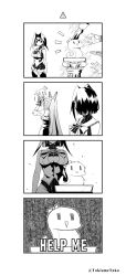 Rule 34 | 2girls, 4koma, boros (ouro kronii), breasts, caution, clothing cutout, column, comic, commentary, english text, feather hair ornament, feathers, fingerless gloves, friend (nanashi mumei), gloves, greyscale, hair ornament, highres, hololive, hololive english, large breasts, long hair, medium breasts, medium hair, miniskirt, monochrome, multiple girls, nanashi mumei, ouro kronii, pillar, ponytail, skirt, sparkle, symbol-only commentary, taka t, thighhighs, triangle mouth, twitter username, underboob, underboob cutout, very long hair, virtual youtuber