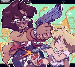 Rule 34 | 2girls, breasts, dark-skinned female, dark skin, duff beer, gun, gunsmith cats, holding, holding gun, holding weapon, minnie may hopkins, multiple girls, one eye closed, rally vincent, speedoru, sunglasses, tagme, the simpsons, tongue, tongue out, weapon
