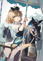 Rule 34 | 1girl, :d, ahoge, alice (alice in wonderland), alice in wonderland, apron, black bow, blonde hair, blue apron, blue eyes, blurry, blurry background, bow, carousel, commentary, dress, feet out of frame, hair bow, highres, holding, holding pole, looking at viewer, open mouth, pole, puffy short sleeves, puffy sleeves, puzzle piece print, riding, short hair, short sleeves, sidelocks, smile, solo, unicorn, wakuseiy, white dress, wrist bow