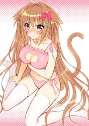 Rule 34 | 1girl, :o, akashi (akashimichi), animal ears, bare shoulders, bell, blush, bow, bra, breasts, brown hair, cat cutout, cat ears, cat lingerie, cat tail, choker, cleavage, cleavage cutout, clothing cutout, covered erect nipples, hair bow, hair ornament, jingle bell, large breasts, long hair, looking at viewer, meme attire, multicolored eyes, navel, neck bell, original, panties, parted lips, pink panties, purple eyes, side-tie panties, sitting, solo, tail, thighhighs, underwear, very long hair, white thighhighs