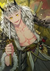 Rule 34 | 1boy, abs, alternate hairstyle, armor, black hair, bokuto koutarou, collar, collarbone, fur, fur collar, fur trim, grey hair, haikyuu!!, hair down, hemoon, holding, holding sword, holding weapon, horns, katana, long sleeves, looking at viewer, male focus, midriff, multicolored hair, muscular, open clothes, open mouth, pauldrons, short hair, shoulder armor, slit pupils, smile, solo, standing, sword, tassel, teeth, traditional clothes, two-tone hair, weapon, wide sleeves, yellow eyes