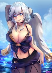 Rule 34 | 1girl, azur lane, bare shoulders, black gloves, black pantyhose, blouse, blue eyes, blue shirt, breasts, cleavage, cowboy shot, cross, day, gloves, hair between eyes, highres, large breasts, looking at viewer, md5 mismatch, miniskirt, mole, mole on breast, navel, pantyhose, parted lips, shirt, short hair, short hair with long locks, silver hair, skirt, solo, soruex, washington (azur lane)