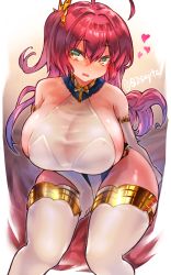 Rule 34 | 02sajita, 1girl, ahoge, azur lane, bare shoulders, between legs, breasts, elbow gloves, gloves, green eyes, hair between eyes, hair ornament, hand between legs, heart, huge breasts, looking at viewer, one side up, open mouth, pink hair, see-through, shiny skin, side slit, sideboob, sidelocks, simple background, sitting, solo, surcouf (azur lane), thighhighs, white background, white gloves, white thighhighs
