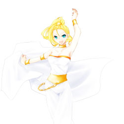 Rule 34 | 1990s (style), 1girl, armband, bed sheet, blonde hair, breasts, chain, choker, chrono (series), chrono trigger, female focus, green eyes, long hair, marle (chrono trigger), nia (honeytree), open mouth, ponytail, solo, white background, wristband