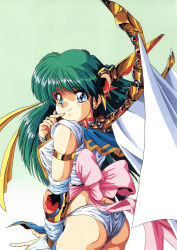 Rule 34 | 1990s (style), 1girl, armlet, ass, back bow, blue eyes, bow, bridal gauntlets, can can bunny, cowboy shot, earrings, feet out of frame, gradient background, green background, green hair, hair ornament, highres, jewelry, long hair, official art, panties, retro artstyle, scan, smile, solo, swatty (can can bunny), underwear, white panties