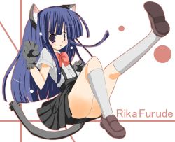 Rule 34 | 1girl, animal ears, blue hair, bow, cat ears, cat tail, furude rika, higurashi no naku koro ni, itan hako, leg up, long hair, pink bow, purple eyes, solo, tail