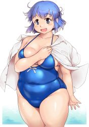 Rule 34 | 1girl, blouse, blue eyes, blue hair, blue one-piece swimsuit, blush, breasts, fat, fat step-sister (orizen), highres, looking at viewer, mature female, medium breasts, one-piece swimsuit, open clothes, open mouth, open shirt, original, orizen, outside border, plump, shirt, short hair, smile, solo, standing, swimsuit, thick thighs, thighs, white background, white shirt