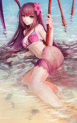 Rule 34 | 1girl, bikini, brown hair, derivative work, fate/grand order, fate (series), flower, hair flower, hair ornament, haohe buguo, hibiscus, highres, long hair, looking at viewer, parted lips, partially submerged, pink bikini, red eyes, sarong, scathach (fate), scathach (fate/grand order), scathach (swimsuit assassin) (fate), see-through, smile, solo, swimsuit, sword, water, weapon