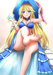 Rule 34 | 1girl, awilda (p&amp;d), bare legs, barefoot, bikini, blonde hair, blue bikini, blue eyes, breasts, feet, female focus, hat, large breasts, long hair, looking at viewer, minato yoshihiro, mole, mole under eye, parted lips, puzzle &amp; dragons, sarong, sitting, soles, solo, swimsuit, thighs, witch hat
