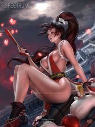 Rule 34 | 1girl, absurdres, andy bogard, arm support, artist name, bare shoulders, blurry, blurry background, breasts, brown hair, bug, butterfly, character name, chibi, cloud, cloudy sky, copyright name, fatal fury, hand fan, highres, insect, japanese clothes, large breasts, lips, long hair, night, night sky, obi, open mouth, outdoors, paid reward available, ponytail, revealing clothes, rope, sash, shiranui mai, simple background, sitting, sky, sleeveless, snk, the king of fighters, thighs, yam spectrum