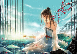 Rule 34 | 1girl, brown hair, character request, chinese clothes, closed eyes, closed mouth, flower, hanfu, high ponytail, highres, holding, holding flower, long hair, partially underwater shot, petals, petals on liquid, see-through, sitting, sitting on liquid, solo, water, yong jie wujian, zishengtian123