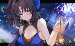 Rule 34 | 1girl, armpit crease, bare shoulders, beret, black bow, black collar, black eyes, black hair, blue hat, blue shirt, bow, breasts, cleavage, collar, collarbone, fireworks, hat, hat bow, highres, large breasts, long hair, looking at viewer, multicolored hair, outdoors, parted bangs, parted lips, shirt, sidelocks, sky, solo, streaked hair, tacet mark (wuthering waves), wuthering waves, yangyang (wuthering waves), yuyuhi gm