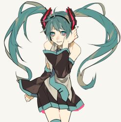 Rule 34 | 1girl, aqua eyes, aqua hair, bad id, bad twitter id, bare shoulders, detached sleeves, hatsune miku, kouga 228, long hair, multicolored eyes, nail polish, necktie, parted lips, pink eyes, pleated skirt, skirt, smile, solo, thighhighs, twintails, very long hair, vocaloid