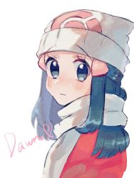 Rule 34 | 1girl, beanie, black hair, blurry, blush, character name, closed mouth, coat, commentary request, creatures (company), dawn (pokemon), eyelashes, game freak, grey eyes, hair ornament, hairclip, hanenbo, hat, highres, long hair, looking at viewer, nintendo, pokemon, pokemon dppt, pokemon platinum, red coat, scarf, sidelocks, solo, upper body, white background, white hat, white scarf