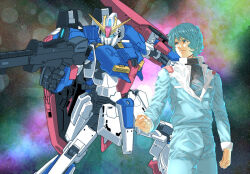 1boy aeug aiming beam_rifle blue_eyes blue_hair cable clenched_hands commentary_request energy_gun gundam kamille_bidan machinery male_focus mecha military_uniform mobile_suit nebula puu_maru realistic robot science_fiction smirk space star_(sky) v-fin weapon zeta_gundam zeta_gundam_(mobile_suit) zeta_gundam_define