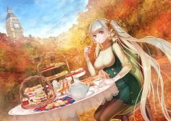 Rule 34 | 1girl, alternate costume, autumn, autumn leaves, azur lane, black ribbon, breasts, cake, cake slice, casual, cookie, cream, cupcake, dessert, dress, elizabeth tower, food, formidable (azur lane), fruit, green dress, hair ribbon, highres, large breasts, long hair, macaron, mousse (food), outdoors, pantyhose, platinum blonde hair, red eyes, ribbed sweater, ribbon, round table, saucer, short dress, sitting, solo, strawberry, sweater, sweets, table, take tw01, tea, tiered tray, turtleneck, turtleneck sweater, twintails, two-tone ribbon, union jack, very long hair, white ribbon